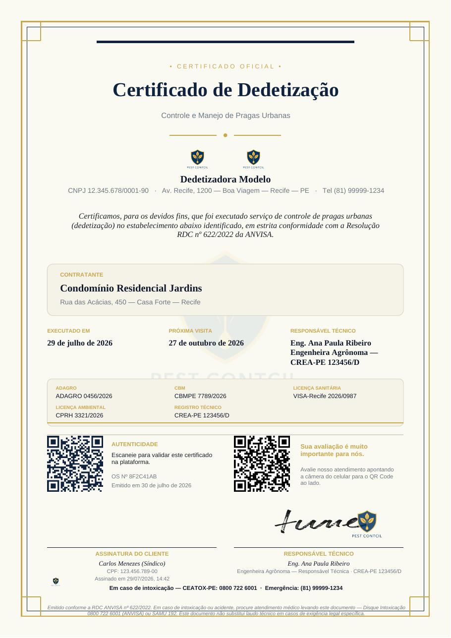 Certificado de dedetização em PDF com QR Code de validação e assinatura do responsável técnico