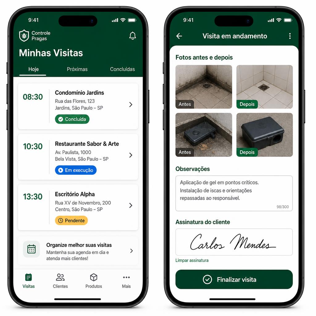 Telas do app do técnico: lista de visitas, fotos e assinatura digital