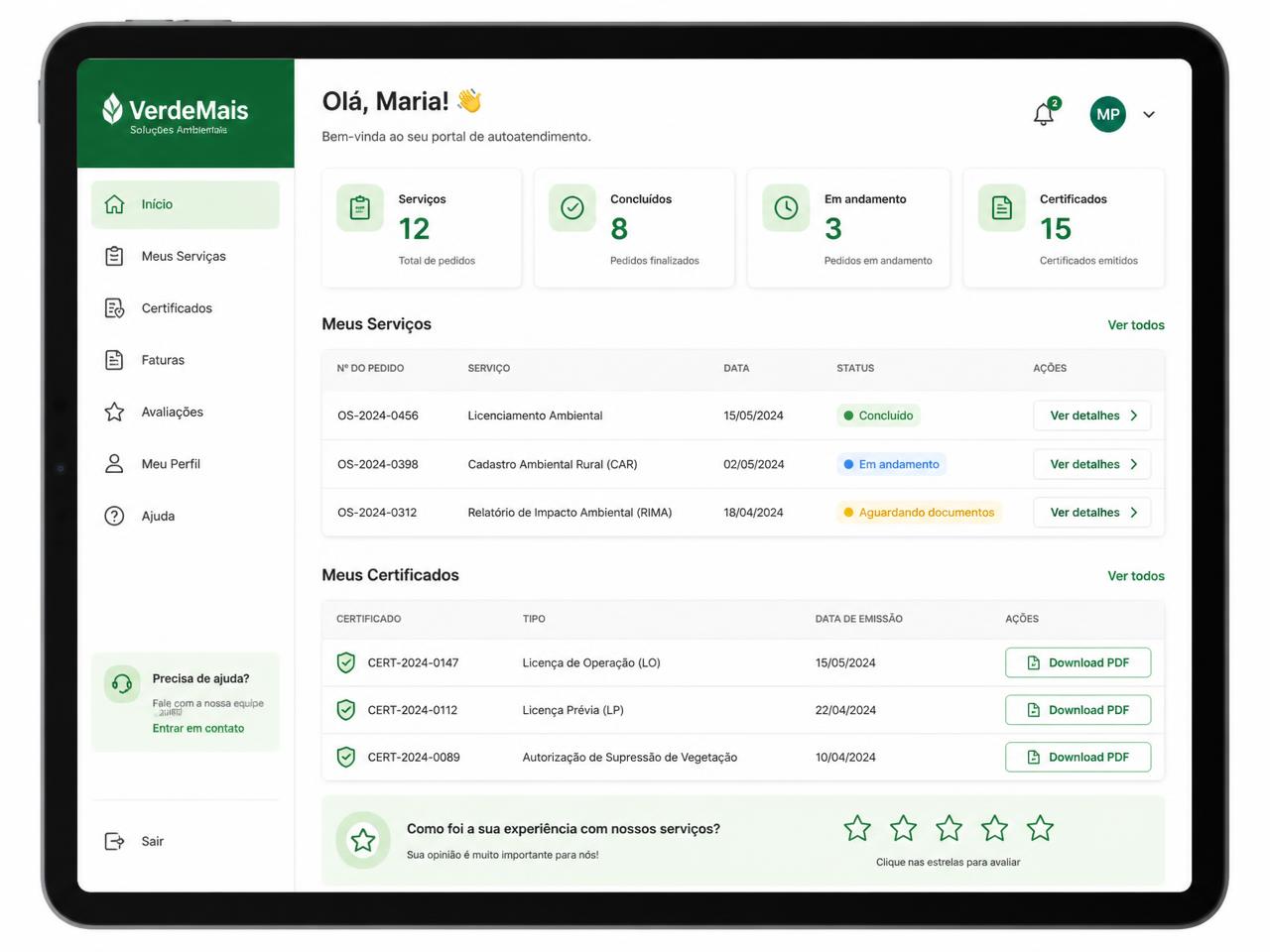Portal do cliente com serviços, certificados e download de PDF